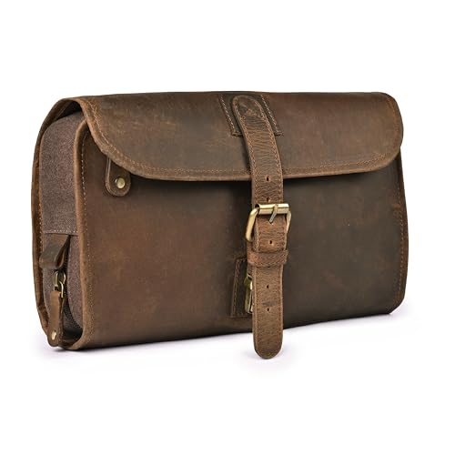 LEATHER VILLAGE Hanging Genuine Leather Toiletry Bag for Men & Women with Waterproof Lining – Handcrafted Vintage Travel Dopp Kit, Shaving Organizer & Shower Bathroom Essentials Case - Brown - color: Brown