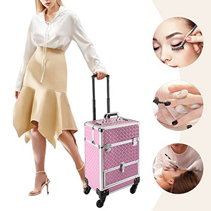 3in1 Rolling Makeup Train Case,Aluminum Trolley Case with 360° Rotation Wheels for Professional Salon Barber Traveling Cart Trunk Cosmetic Beauty Storage (Pink 18.5in) - color: Pink 18.5in