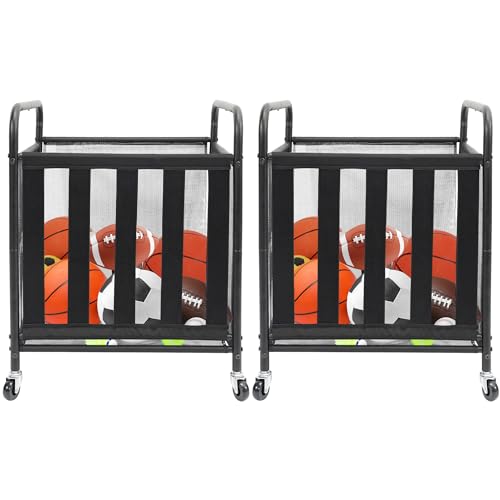 STO STO 2 Pack Rolling Sports Ball Storage Cart, Lockable Basketball Cage with Elastic Straps, Sport Equipment Holder Organizer for Indoor Outdoor, Steel Storage Rack for Playgroud and Gym, Black - style: 2 Pack