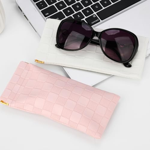 Sightor Sunglasses Case, 2 Pcs Soft Eyeglass Cases Checkered Sunglass Case Portable Squeeze Top Leather Glasses Pouch - color: White, Pink