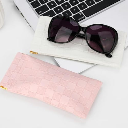 Sightor Sunglasses Case, 2 Pcs Soft Eyeglass Cases Checkered Sunglass Case Portable Squeeze Top Leather Glasses Pouch - color: White, Pink