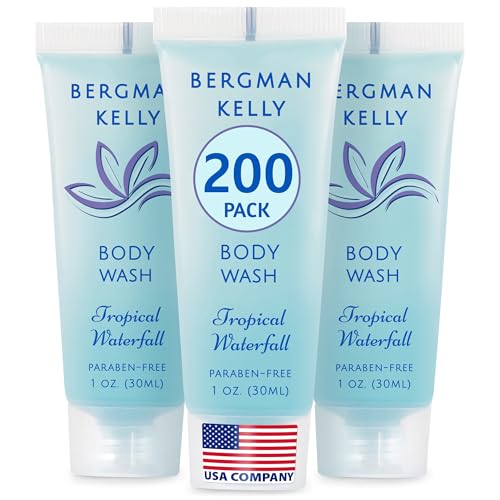 BERGMAN KELLY Travel Size Body Wash (1 fl oz, 200 PK, Tropical Waterfall), Delight Your Guests with an Invigorating and Refreshing Hotel Body Wash, Mini and Small Size Guest Hotel Toiletries in Bulk - size: 1 Fl Oz (Pack of 200)