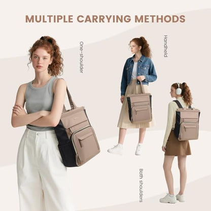 Convertible Daypack Laptop Backpack for Women Men Carry on Tote Backpack Bookbag for College Work Nurse Travel,16Inch,Champagne Brown Black - color: Champagne Brown Black