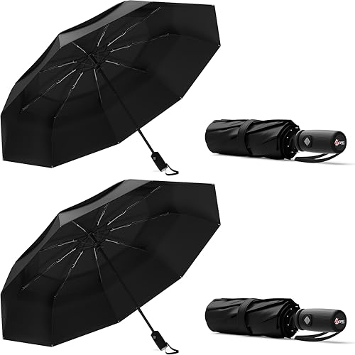 Repel Windproof Travel Umbrella - Compact & Withstands Winds up to 100MPH , Strongest Premium Auto Folding Umbrella for Rain and Sun - Durable, Light & Portable for Women & Men , Fits Backpack & Cars - color: 02. Black (2 Pack)