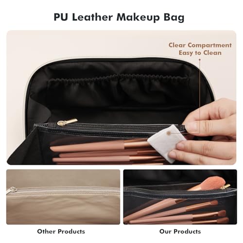 Prite Makeup Bag for Women Travel Waterproof Vegan Leather Cosmetic Bag Open Flat Toiletry Bag With Clear Divider and Handle (Black, Large) - color: Black, size: Large