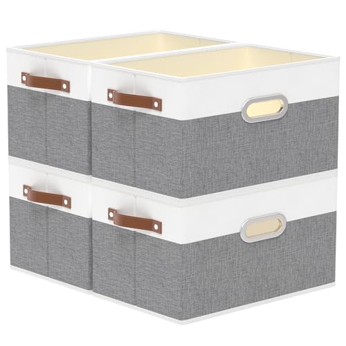 Yawinhe Fabric Storage Bins with Handles, Foldable Baskets for Shelves, Cubes with 3 Handles, Large Boxes for Clothes, White/Grey, 16.9''Lx11.8''Wx10.2''H, 4-Pack - color: White/Grey, size: 16.9x11.8x10.2inch(4-Pack)