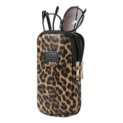 KINIVA Double Eyeglass Case for Men Women, 2-in-1 PU Dual Sunglasses Case, Scratch-Proof Travel Eyeglass Holder for Purse Car - style: Leopard