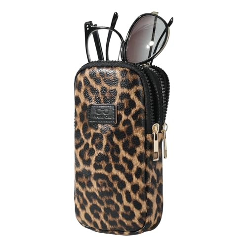 KINIVA Double Eyeglass Case for Men Women, 2-in-1 PU Dual Sunglasses Case, Scratch-Proof Travel Eyeglass Holder for Purse Car - style: Leopard