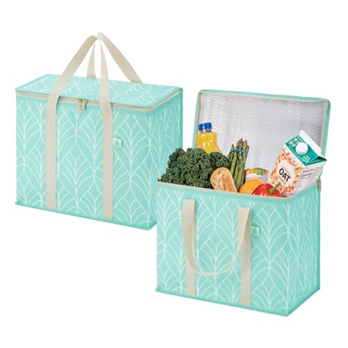 VENO 2 Pack Insulated Cooler Bag, Reusable Grocery Shopping Bag for Food Delivery, Heavy Duty, Large Size, Durable Handles, Double Zippers, Lid, Collapsible (Evergreen, 2 Pack) - color: Evergreen, size: 2 Pack