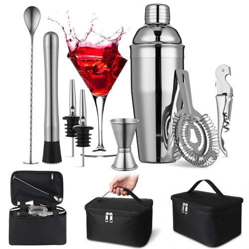 9 Pcs Travel Bartender Kit Cocktail Shaker Set with Bag 25oz Martini Shaker Kit, Ice Crusher, Wine Opener, Strainer, Spoon, Jigger, Pourer, Portable Bar Gift for Home Rv Summer Party Outdoor
