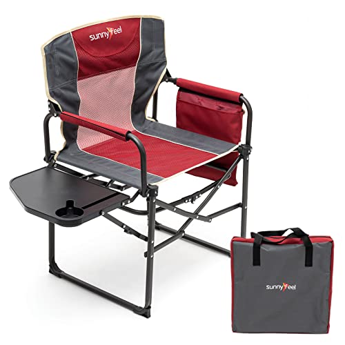 SUNNYFEEL Camping Directors Chair, Heavy Duty,Oversized Portable Folding Chair with Side Table, Pocket for Beach, Fishing,Trip,Picnic,Lawn,Concert Outdoor Foldable Camp Chairs - color: Red