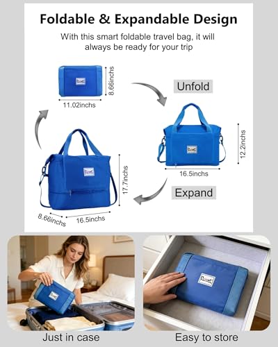 Foldable Travel Duffel Bag for Women, 40L Expandable Carry on Bag Personal Item Flight Approved, Lightweight Water Resistant Overnight Weekender Bag with Wet Pocket for Gym Travel, Blue - color: Blue