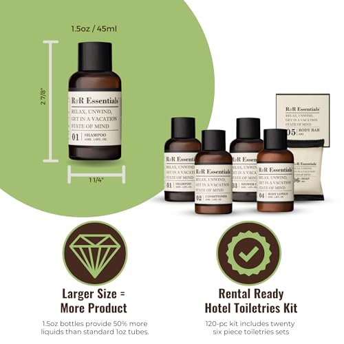 R&R Essentials Hotel Soaps and Toiletries Bundle, Vacation Home Amenities Kit - 1.5oz Shampoo, Conditioner, Shower Gel, Lotion And 2 Bar Soaps - Travel Size (120 pc) - style: Unboxed/Bulk