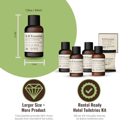 R&R Essentials Hotel Soaps and Toiletries Bundle, Vacation Home Amenities Kit - 1.5oz Shampoo, Conditioner, Shower Gel, Lotion And 2 Bar Soaps - Travel Size (120 pc) - style: Unboxed/Bulk