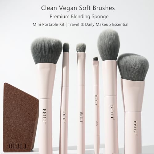 BEILI Mini 6Pcs Makeup Brush Set – Soft Pink, Travel Makeup Brushes for Foundation, Contour, Highlighter & Blending, Includes Sponge and Gift-Ready Box - color: Pink
