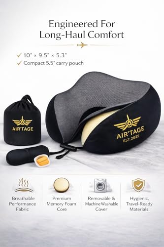 Travel Pillow for Airplane & Long Flights – Memory Foam Neck Support with Chin Support Design, Washable Cover, Eye Mask & Ear Plugs, Compact Carry Bag