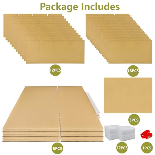 3 Sets Moving Boxes with Divider Kits,16 x 12 x 13 Inch Glassware Dish Packing Box Kitchen Moving Box Corrugate Dividers with 72 Pcs Foam Pouches,1 Pcs tape rolls with dispenser(Two Layer) - style: 3 Sets-two layer-16x12x13in