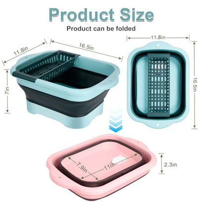 2-Pack Foldable Wash Basin for Vegetables,Collapsible Portable Sink Set in Pink & Green,Kitchen Storage Tray-Laundry,Dishes,Indoor,Outdoor,RV & Camping-Leak-Proof Drain Design