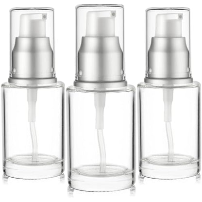 VitalUp 1 Oz 30ml Refillable Luxury Clear Glass Lotion Travel Pump Bottle with Silver Cap for Cosmetics, Lotion, Body Cream, Sanitizers, Cream, Foundation (Pack of 3) - size: 30 ml (3 Pack)