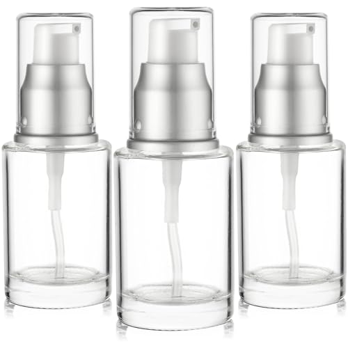 VitalUp 1 Oz 30ml Refillable Luxury Clear Glass Lotion Travel Pump Bottle with Silver Cap for Cosmetics, Lotion, Body Cream, Sanitizers, Cream, Foundation (Pack of 3) - size: 30 ml (3 Pack)
