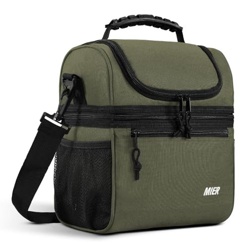 MIER Insulated Lunch Box Dual Compartment Lunch Bag Leakproof Cooler for Men Women Adult Work, Army Green, Medium (Upgraded Extra-Tall Bottom Layer) - color: Army Green, size: Medium