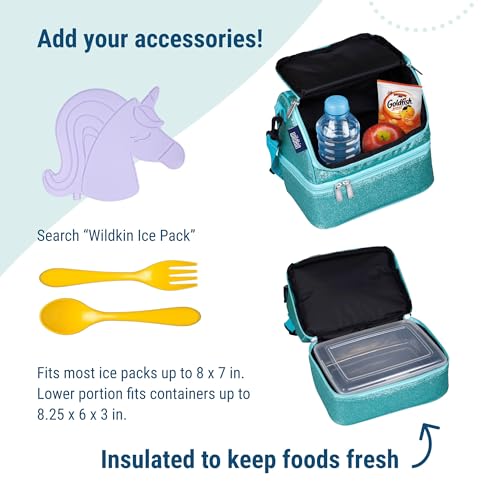Wildkin Kids Two Compartment Insulated Lunch Bag – Keeps Food Hot or Cold, Easy-Clean Lining, Leak-Resistant & BPA-Free – Boys & Girls, Ideal for School, Travel & Daycare – Blue Glitter - color: Blue Glitter