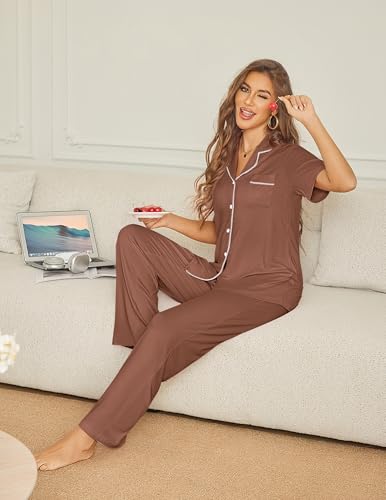 Ekouaer Womens Pajama Sets Button Down Pjs Lounge Sets 2 Piece Short Sleeve Sleepwear Soft Comfy Loungewear - color: Brown, size: Large