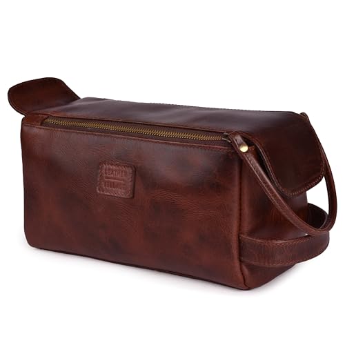 LEATHER VILLAGE Genuine Leather Travel Toiletry Bag - Water-Resistant Dopp Kit for Toiletries, Large Shaving Bag & Bathroom Organizer - Gift for Men & Women - Cherry Brown - color: Cherry Brown