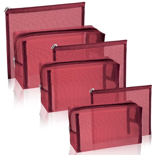 6 Pieces Mesh Makeup Bags Mesh Cosmetic Bag Portable Travel Organizing Zipper Pouch Toiletries Makeup Pouches for Home Office Travel Accessories - color: Wine Red