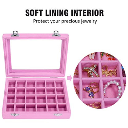 Vicoter Velvet Jewelry Box 24 Grid Jewelry Ring Display Organiser Box Tray Holder Earrings Storage Case for Girls Wife Mom Women (Pink) - color: Pink