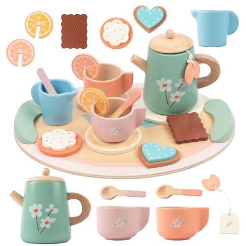 Tea Party Set for Little Girls, Wooden Kids Tea Set with Teapot Cups Coasters Carrying Dessert, Picnic Outdoor Toys Pretend Play Kitchen Accessories for 3 4 5 Years Old