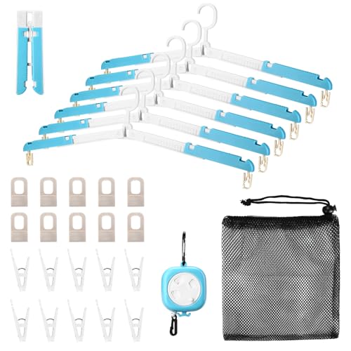 6 Pack Fodable Travel Hangers with Clips & Adjustable Clothesline, Portable Collapsible Hangers with Storage Bag for Suitcase, Hotel, RV, Cruise Essentials Set (Blue) - color: Blue