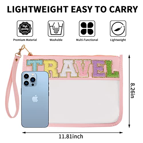 Iqimott Chenille Letter Clear Bag Travel Pouch, Monogram PVC & PU Makeup Cosmetic Bag Zipper Toiletry Pouch, Waterproof Portable Beach Snack Wristlet Bags for Women Girls(Travel, Pink) - color: Travel-Pink
