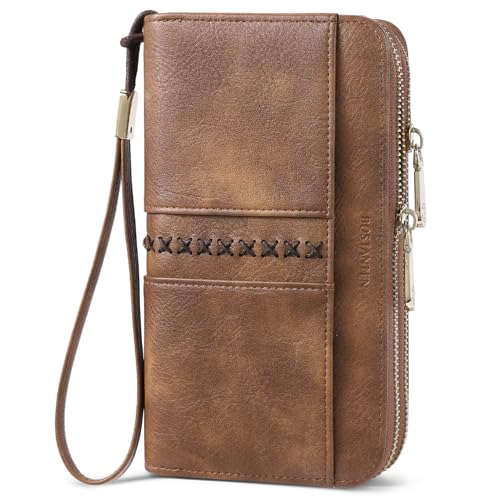 BOSTANTEN Wallets for Women Leather RFID Double Zipper Around Credit Card Holder Large Capacity Wristlet Clutch Wallet - color: Brown