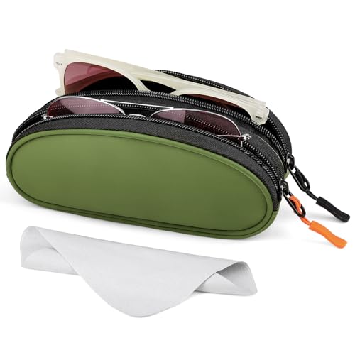 Marvolia Double Glasses Case Large Soft Eyeglass Case for Women Men Portable Zipper Sunglasses Pouch with Keychain Clip - color: Green