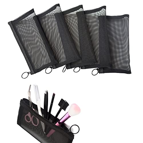 patu Zipper Mesh Bags, Long Case, 5 Pieces, Beauty Makeup Cosmetic Accessories Organizer, Travel Toiletry Kit Set Storage Pouch, Black - size: Long (7.9" x 4", 5 pcs)