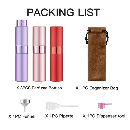 LISAPACK 8ML Atomizer Perfume Spray Bottle for Travel (3 PCS) Empty Cologne Dispenser, Portable Sprayer (Red, Pink, Purple) - color: 3 Colors4