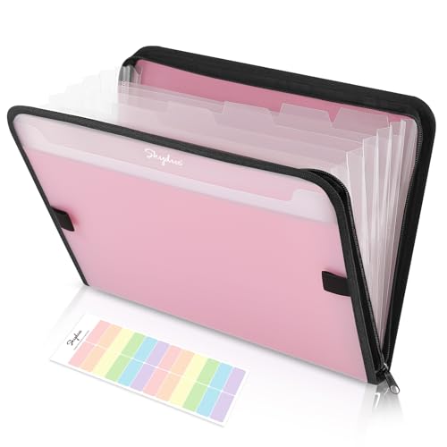SKYDUE Accordion File Organizer, 7 Pocket Expanding File Folder with Front Pocket, Letter Size, Important Document Organizer with Double Zipper,Travel Folder, School Office Supplies - color: Pink