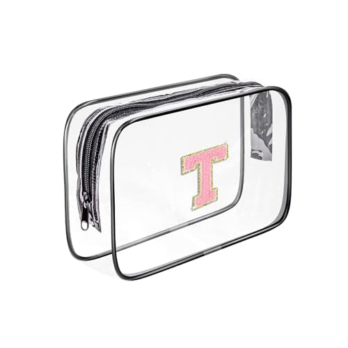 Clear Toiletry Bag,Portable Travel Toiletry Bag,Chenille Letter Cosmetic Bag with Zipper,Waterproof Makeup Bag,Cosmetic Storage Organizer for Women Men,Travel Essentials (Black,T) - size: T