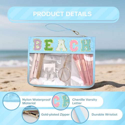 Siwara Snack Bags Clear Pouch Travel Makeup Bag Chenille Letter Bags for Zipper Pouch Clear Cosmetic Bag Clearly Tote Bag Makeup Travel Bags for Women - color: Blue-Beach