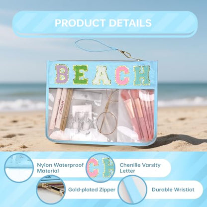 Siwara Snack Bags Clear Pouch Travel Makeup Bag Chenille Letter Bags for Zipper Pouch Clear Cosmetic Bag Clearly Tote Bag Makeup Travel Bags for Women - color: Blue-Beach