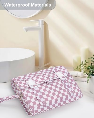 Relavel Hanging Toiletry Bag, Travel Toiletries Bag with Hanging Hook, Water Resistant Makeup Cosmetic Organizer for Full Sized Container, Shampoo, Portable Wash Bag for Essentials - Purple - color: 02 Purple Checkboard, size: Large