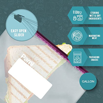 PAMI Leakproof Reusable Slider Freezer Bags with Expandable Bottom and Write-On Label, Thick Storage Bags (Gallon 40 Clear) - size: Gallon