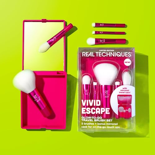 Real Techniques Vivid Escape Glow-To-Go Travel Makeup Brush 6 Piece Set, Mini Size Makeup Brushes for Eyeshadow, Concealer, Contour, & Blush, Includes Mirror Cosmetic Case, Cruelty-Free & Vegan - size: 1 Count (Pack of 6)