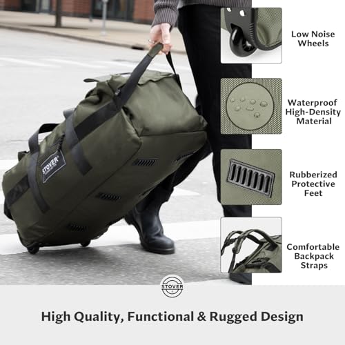 STOVER 45/80/100L Rolling Duffel Bag with Wheels, Large Durable Travel Duffle + Toiletry Bag, Heavy Duty, Packable, Foldable with Shoulder Straps- Use as Luggage or Backpack, Men/Women (Green) - color: Green