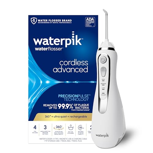 Waterpik Cordless Advanced 2.0 Water Flosser For Teeth, Gums, Braces, Dental Care With Travel Bag and 4 Tips, ADA Accepted, Rechargeable, Portable, and Waterproof, White WP-580, Packaging May Vary - color: White