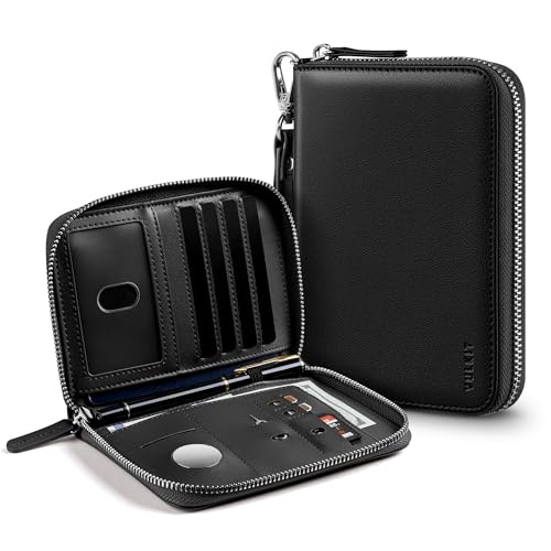VULKIT Passport Holder for Travel with Airtag Slot, Premium Nappa Leather, RFID Blocking, Zipper Closure with Wrist Strap, Travel Document Organizer - color: Nappa Black