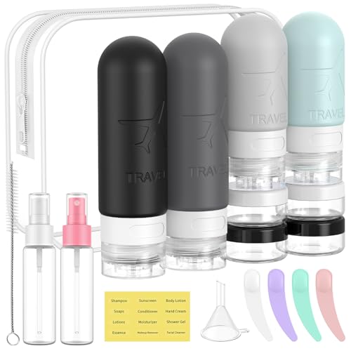 ME.FAN Travel Bottles for Toiletries, 18 Pack TSA Approved Travel Size Containers Set, Silicone Squeezable Portable Split Bottle, Travel Accessories for Conditioner, Shampoo, Lotion - Grey - color: Grey