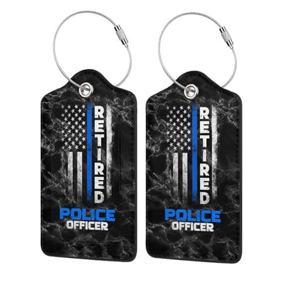 Retired Police Officer Thin Blue Set of 2 Durable Leather Luggage Tags Stylish Travel Gear Men Women