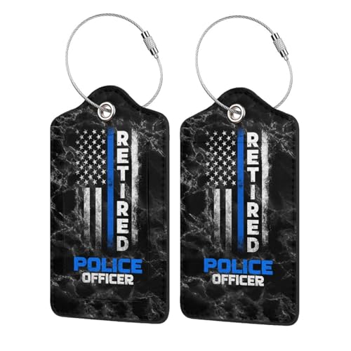 Retired Police Officer Thin Blue Set of 2 Durable Leather Luggage Tags Stylish Travel Gear Men Women
